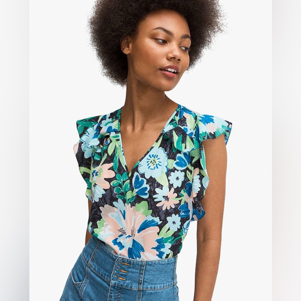 Kate Spade Floral Green Full Bloom Ruffle Sleeve Top - Picture 2 of 7